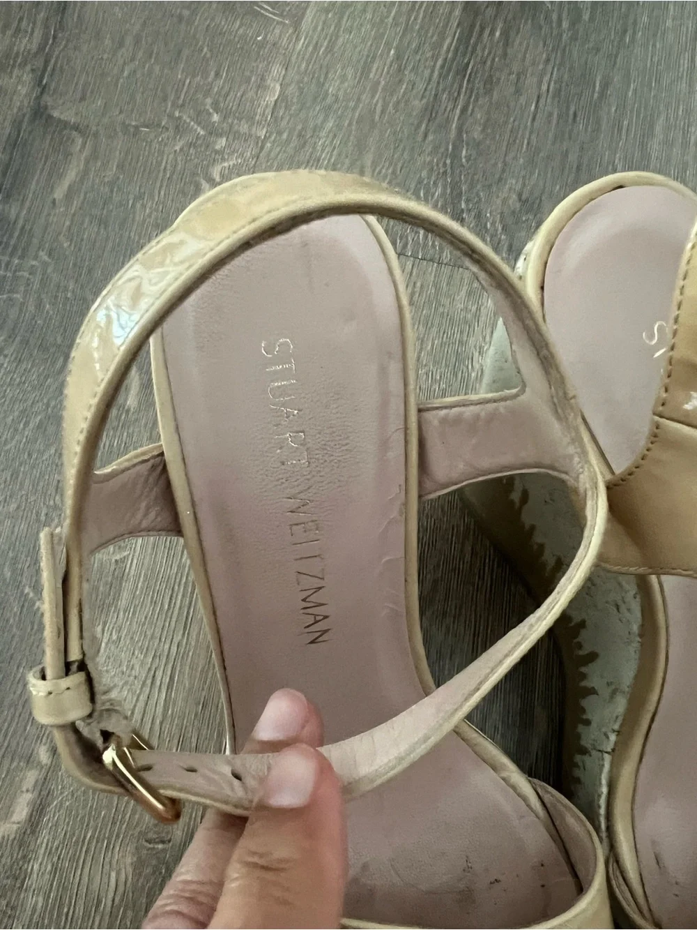 Stuart Weitzman Patent Tan Platform Wedge Sandals - Picture 7 of 13